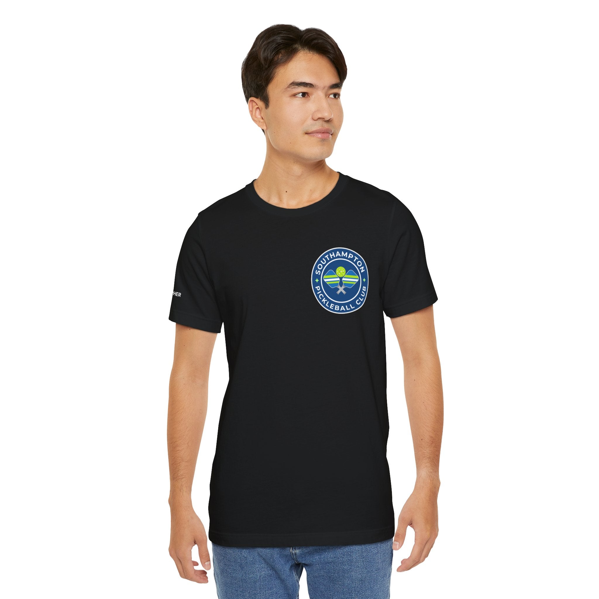 Personalized pickleball T-shirt by Printify with custom name sleeve, club logo, and pickleball graphic on the back.