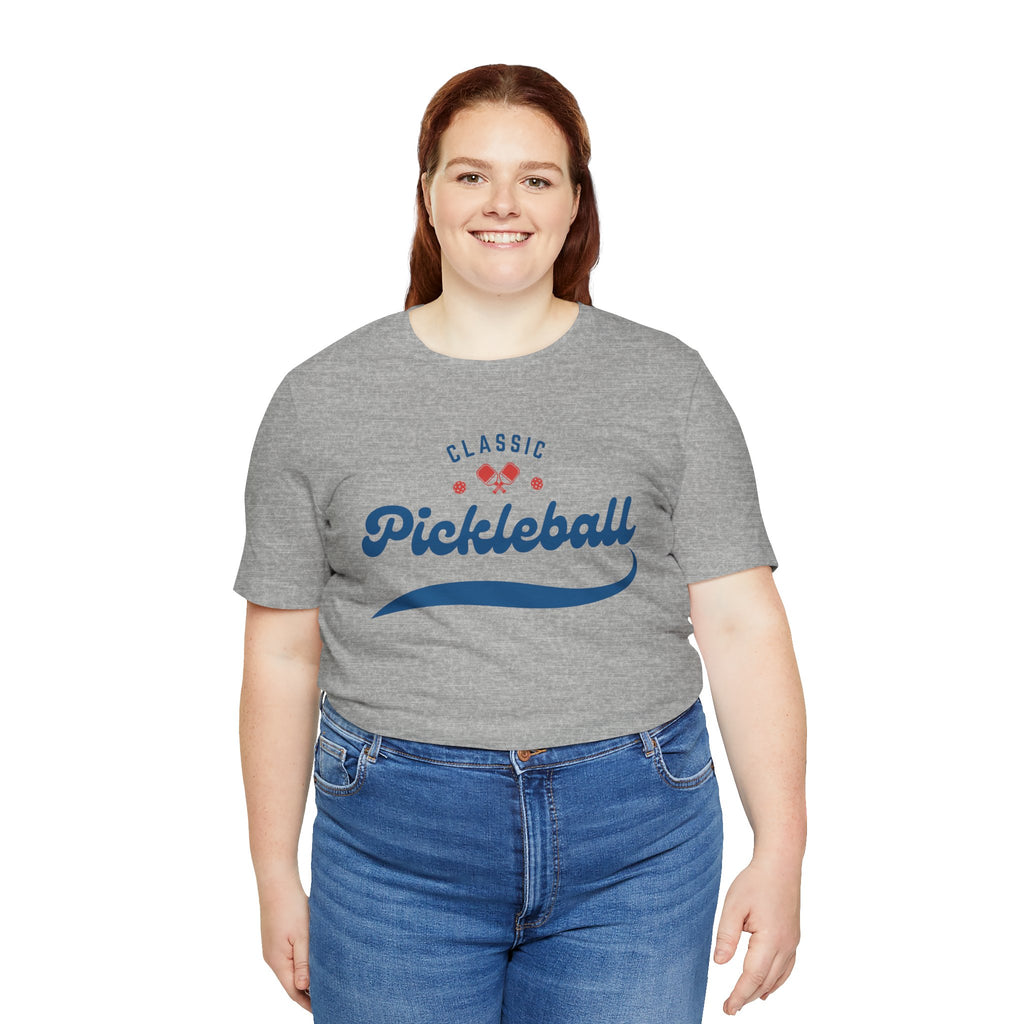 Red and blue pickleball script T-shirt with paddle and ball design, casual men's or women's graphic tee from Printify.