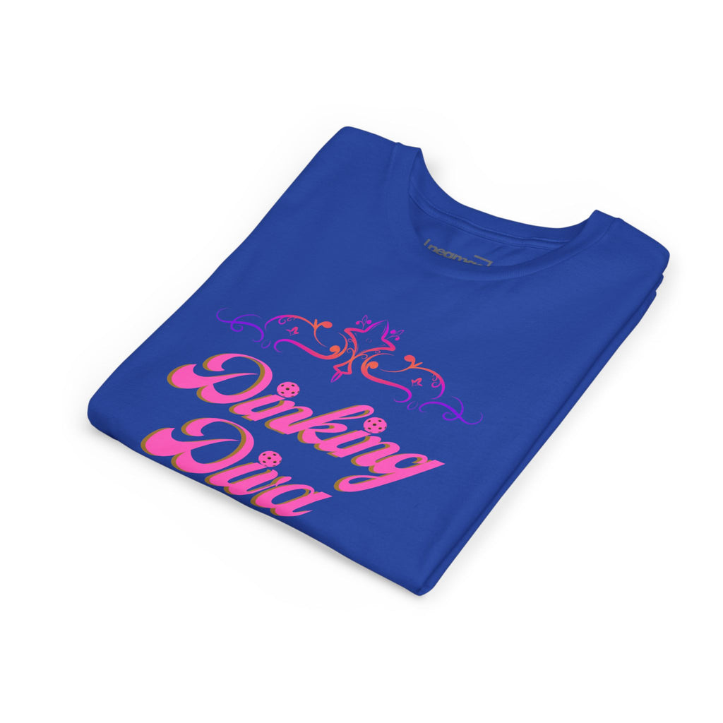 Pink Dinking Diva youth pickleball T-shirt with filigree design, made for kids by Printify, featuring vibrant, comfortable fabric.