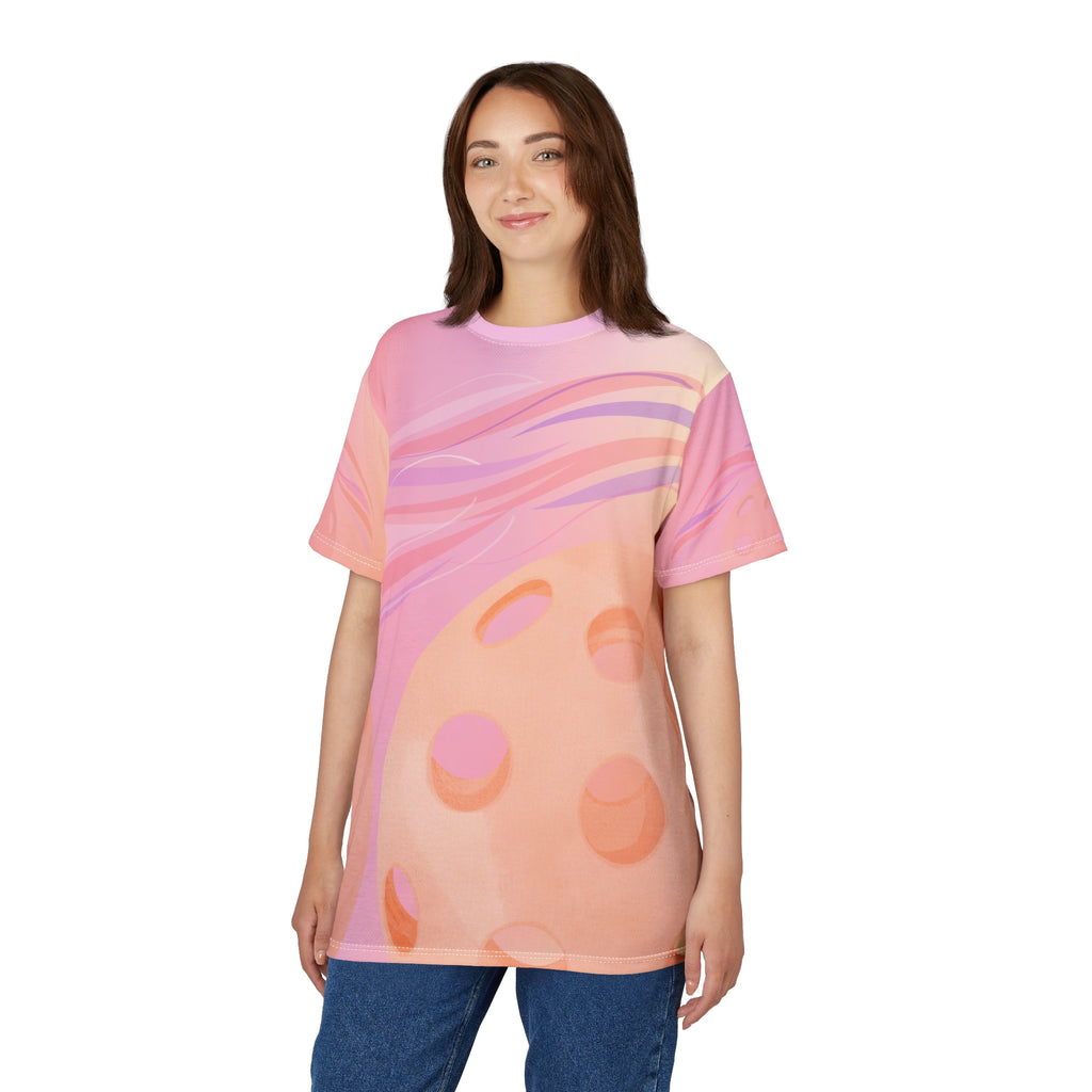 All-over print July Sunset Pickleball Tee by Printify, moisture-wicking unisex T-shirt with vibrant sunset design.
