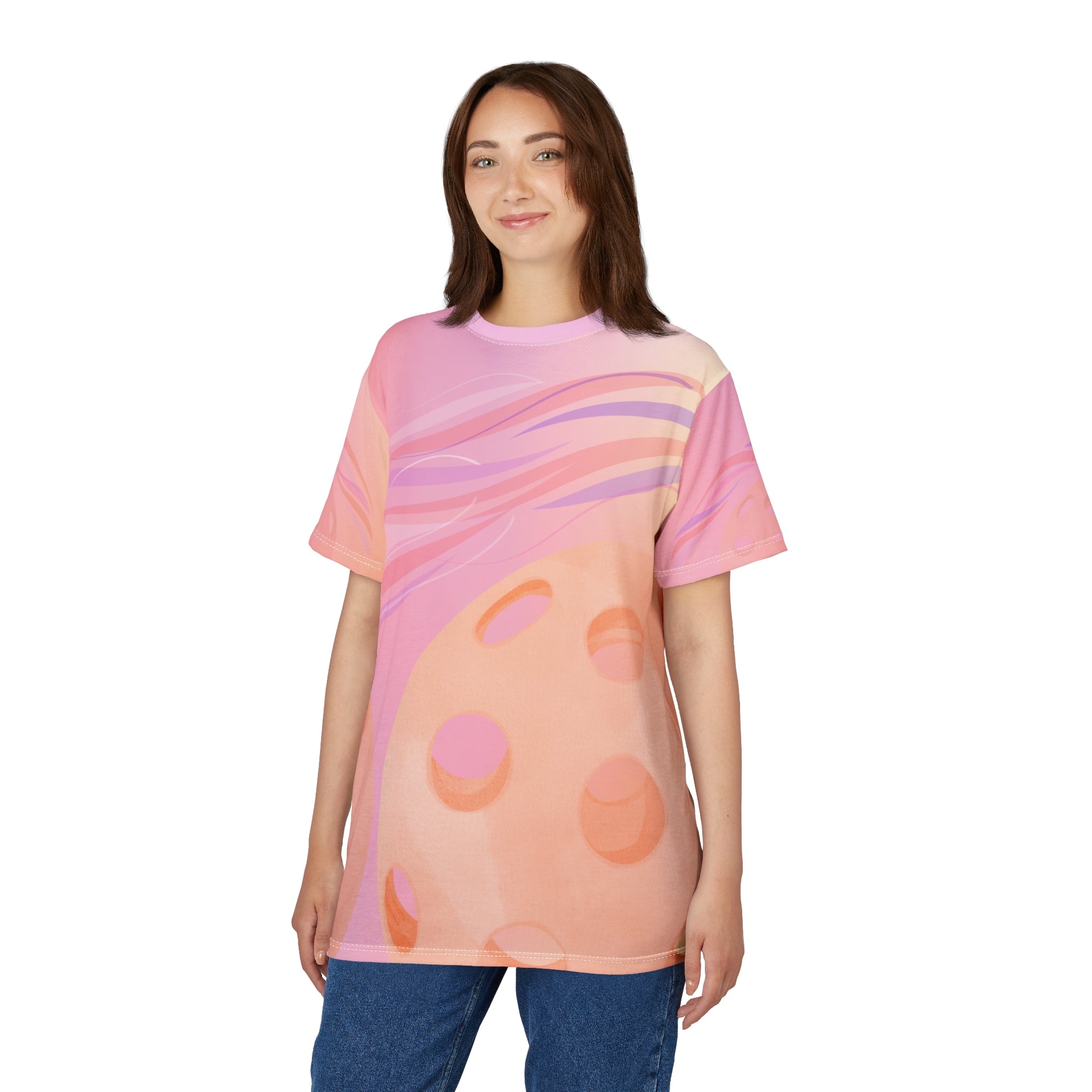 All-over print July Sunset Pickleball Tee by Printify, moisture-wicking unisex T-shirt with vibrant sunset design.