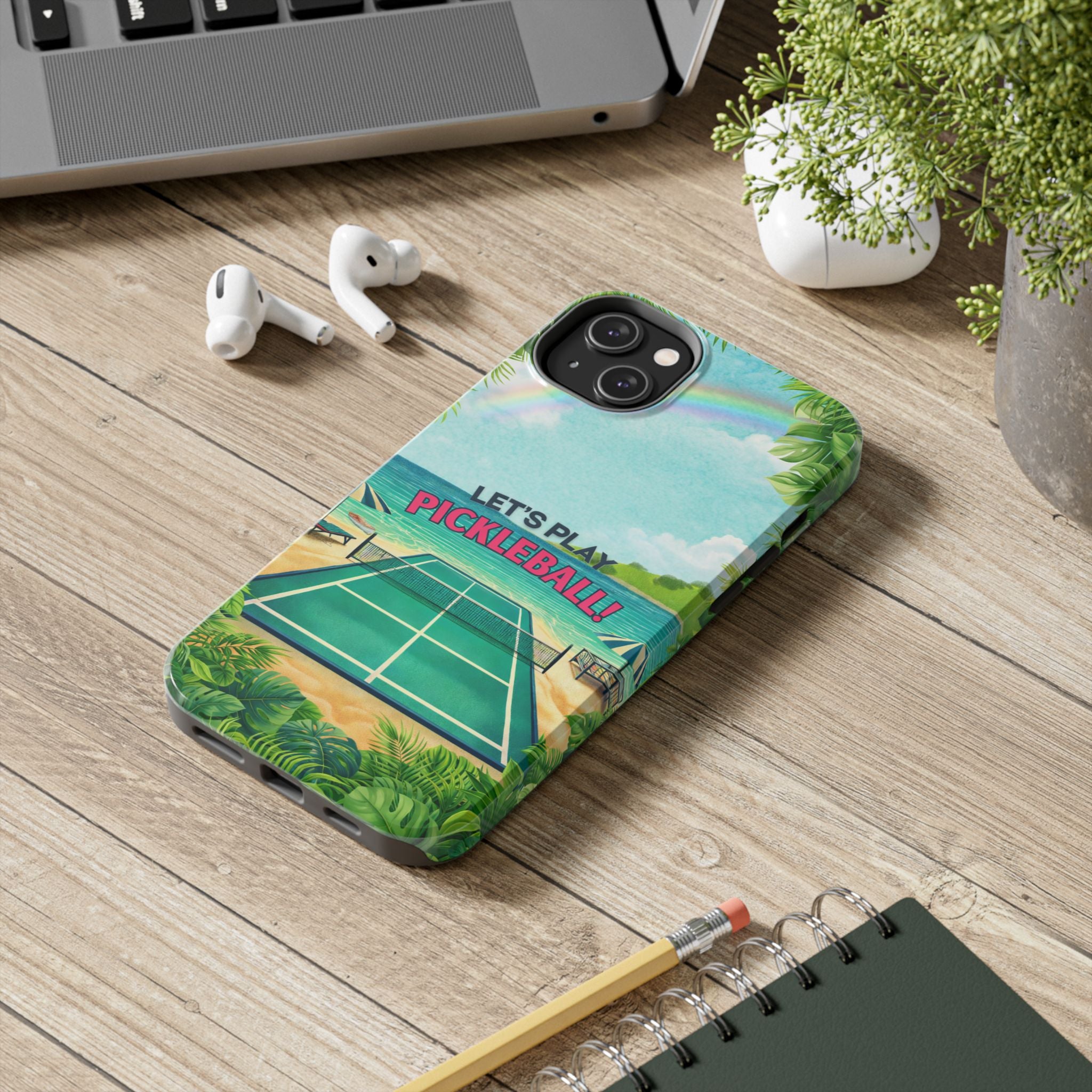 Printify Let's Play Pickleball tropical phone case featuring a colorful beach court design, protective case for smartphones.