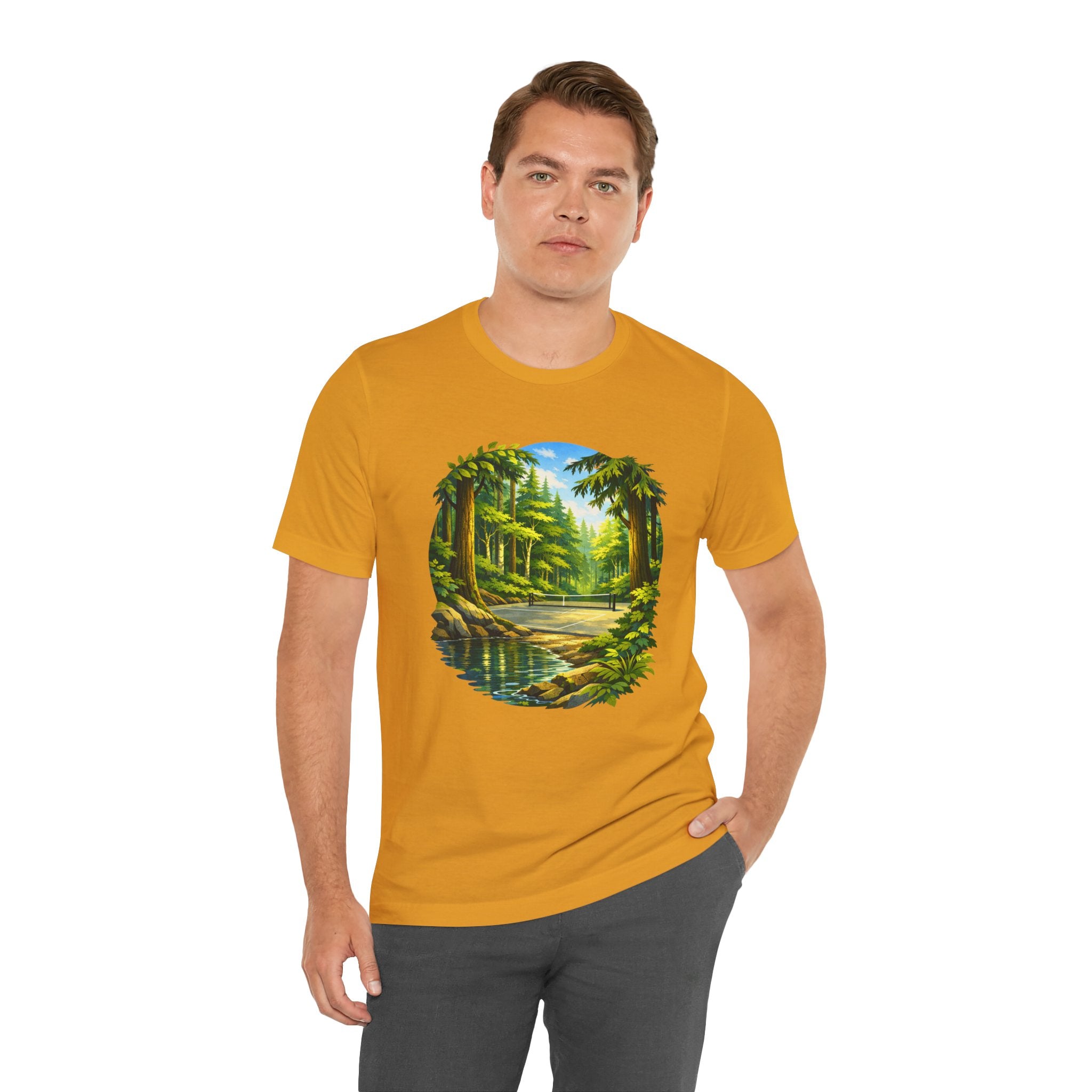 Unisex Hidden Forest Pickleball T-Shirt with Bainbridge Island tribute design, featuring forest and pickleball graphics.