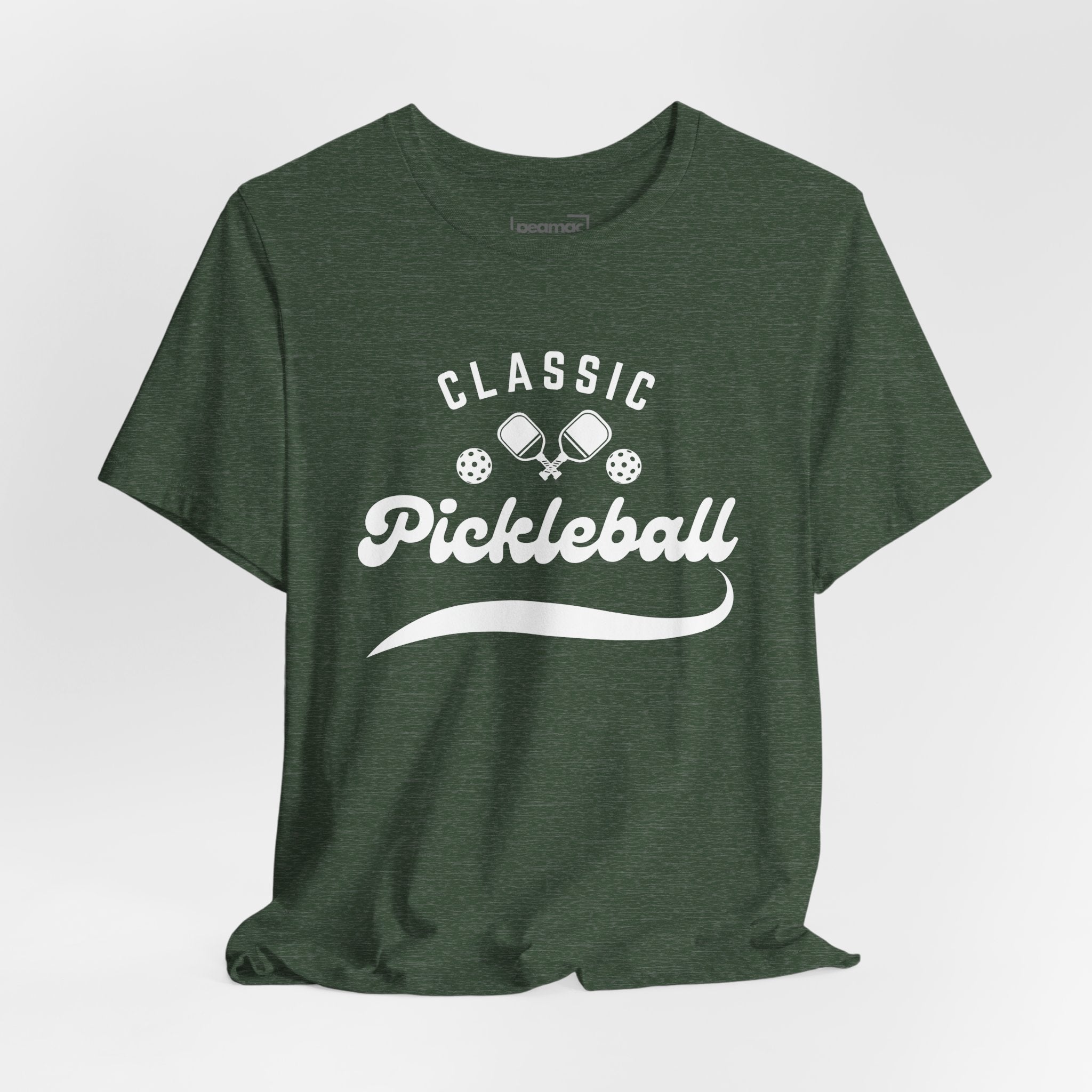 Classic pickleball T-shirt with "Pickleball" script design, comfortable cotton fabric, suitable for casual wear and pickleball players.