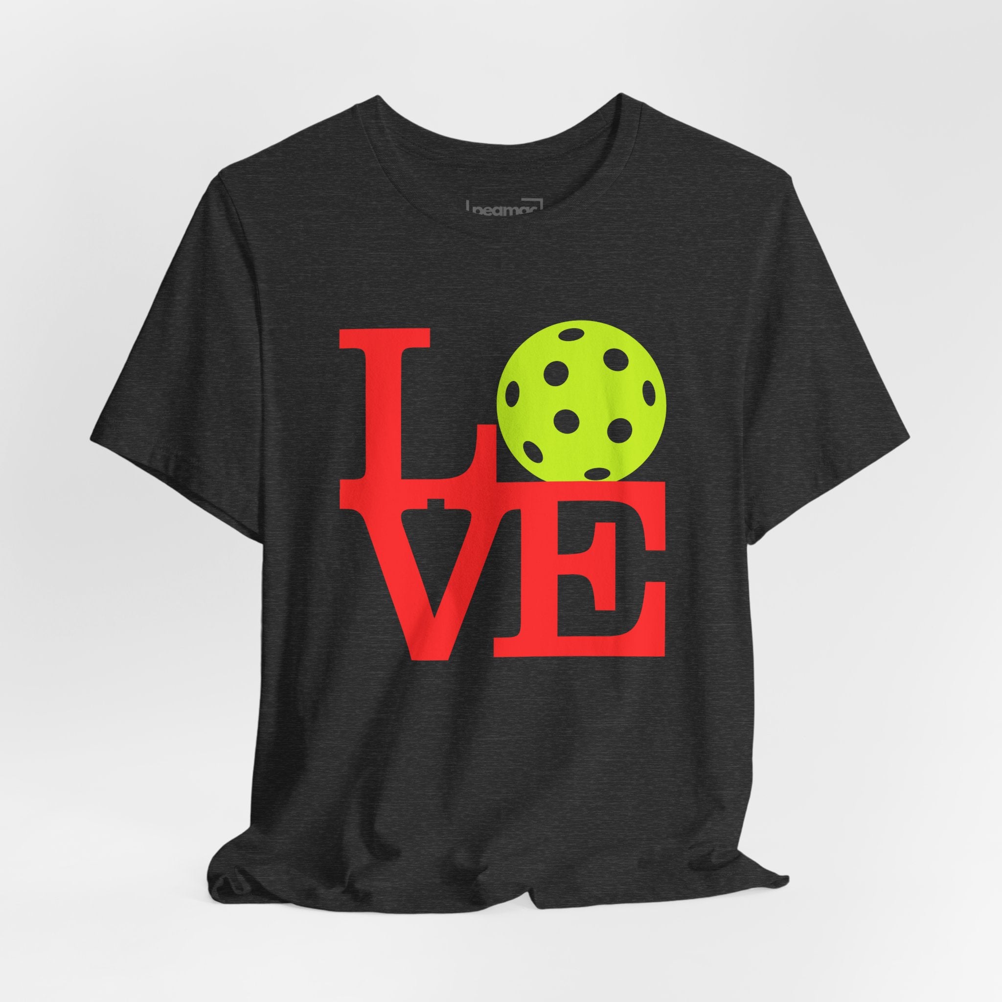 Neon pop art print T-shirt featuring a pickleball LOVE graphic, premium cotton shirt by Printify, vibrant and stylish.