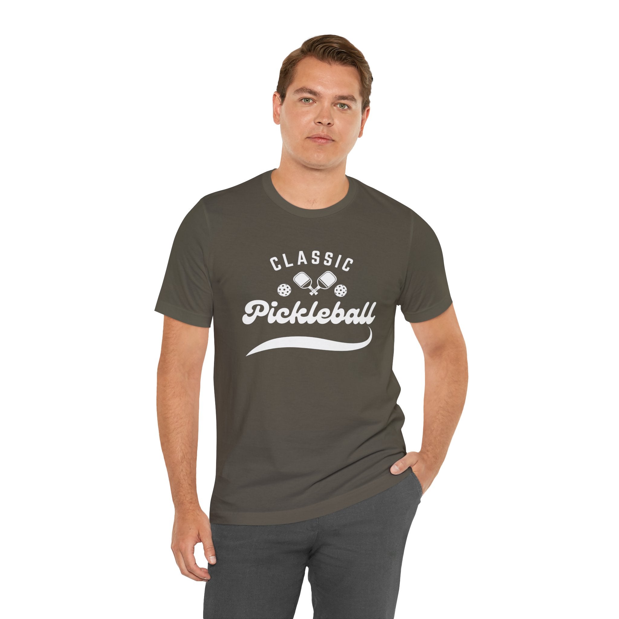 Classic pickleball T-shirt with "Pickleball" script design in bold, comfortable printify branded cotton tee for active wear.