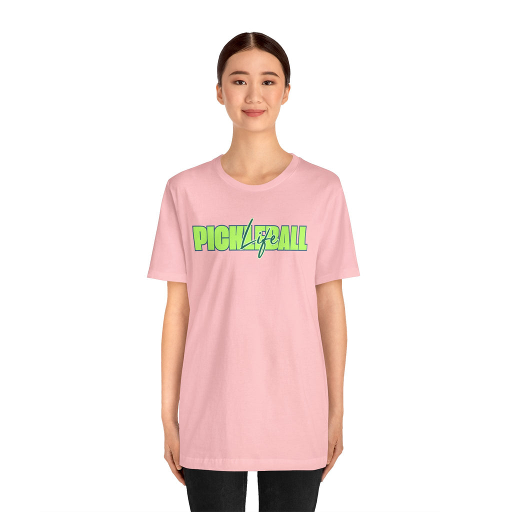 Unisex Pickleball Life graphic T-shirt in bold green and blue colors, featuring a vibrant pickleball design on the front.