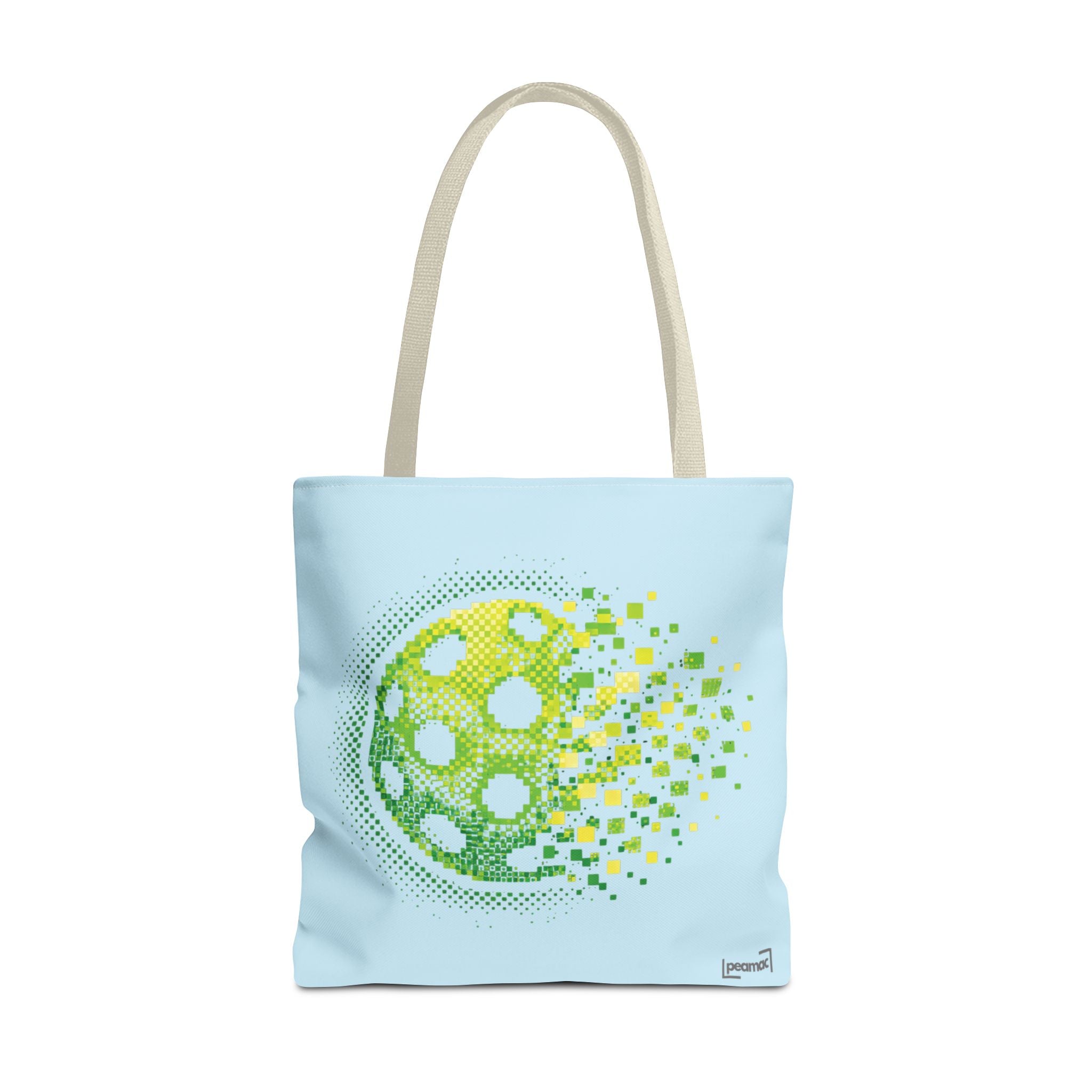 Pixelated pickleball tote bag in green, yellow, and light blue with digital smash design, 18x18 inches, by Printify.