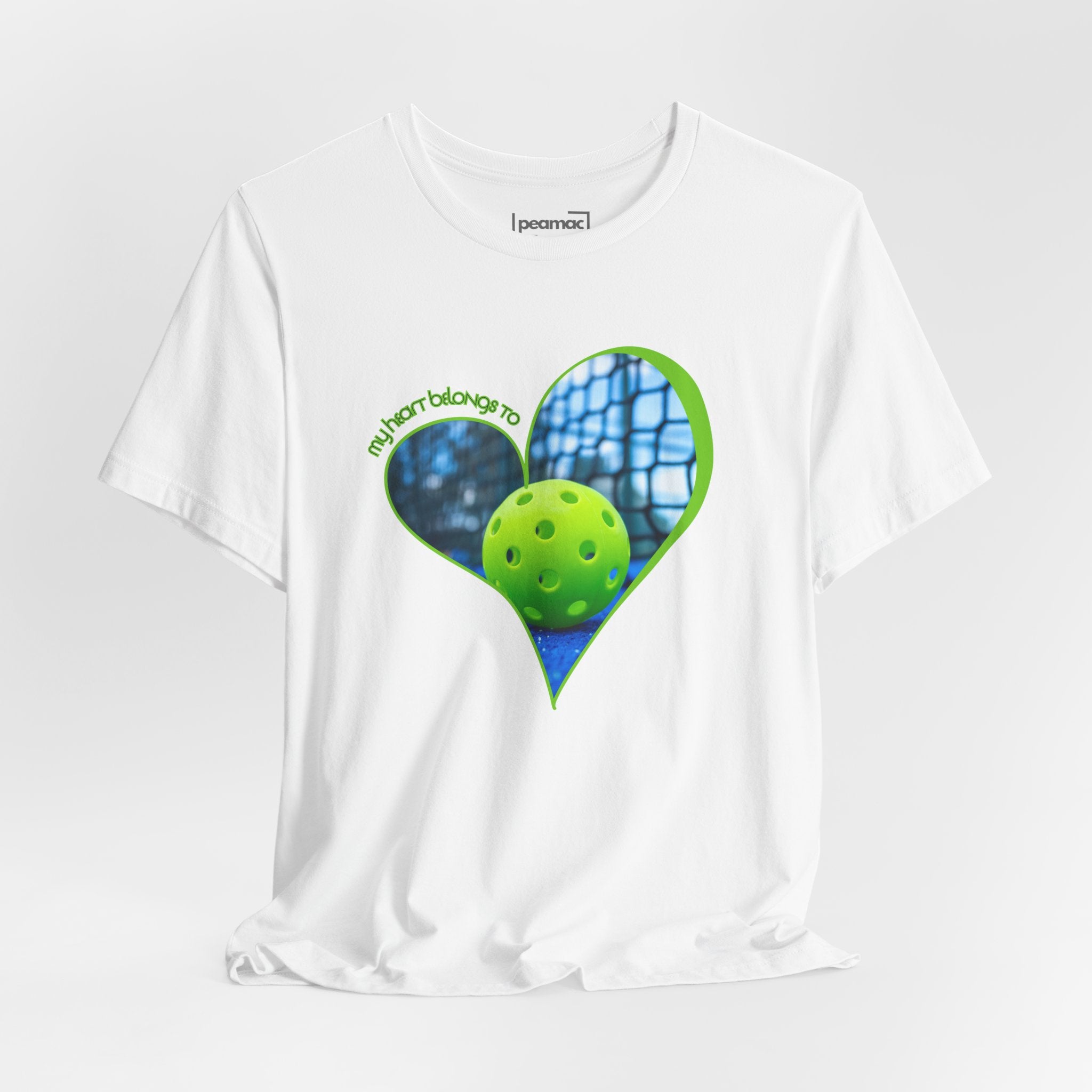White Pickleball T-shirt for players and fans with "My Heart Belongs to Pickleball" graphic by Printify, casual and comfortable fit.