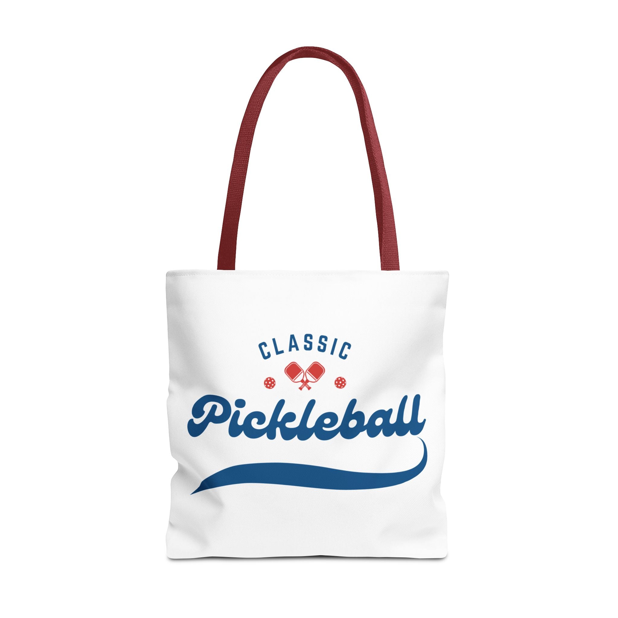 Large Printify pickleball tote bag in red and blue with rugged design, 18x18 inches, spacious shoulder bag for gear storage