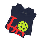 Neon pop art LOVE pickleball premium T-shirt by Printify featuring bold colorful graphics on a casual cotton tee.