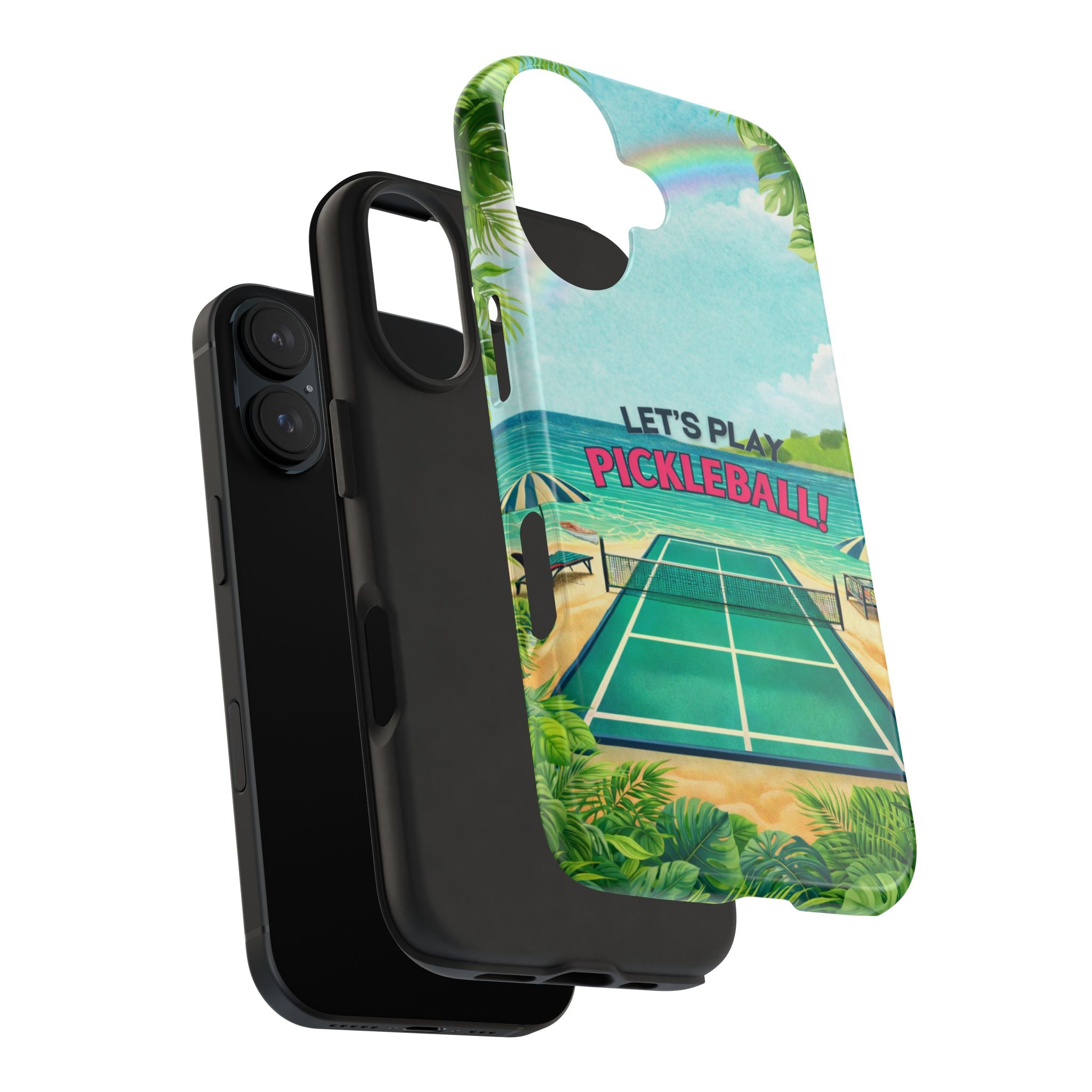 Let's Play Pickleball tropical tough phone case by Printify, featuring beach and court design for iPhone and Android devices.