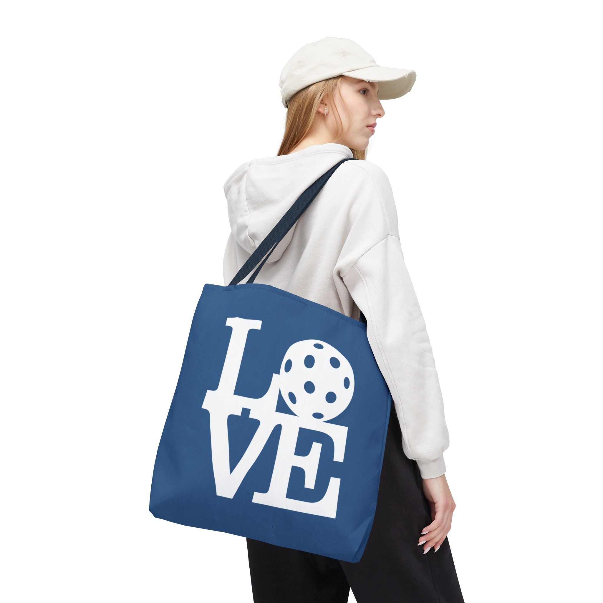 River blue Pickleball LOVE tote bag featuring a printed LOVE design, made by Printify, with sturdy handles and spacious interior.