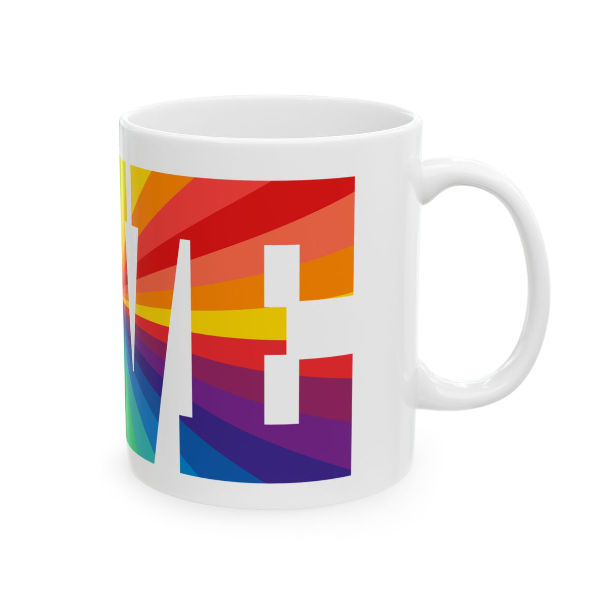 LOVE Rainbow Pride Ceramic Mug - Colorful LGBTQ+ Coffee Cup - Product Photo - PeaMacTees