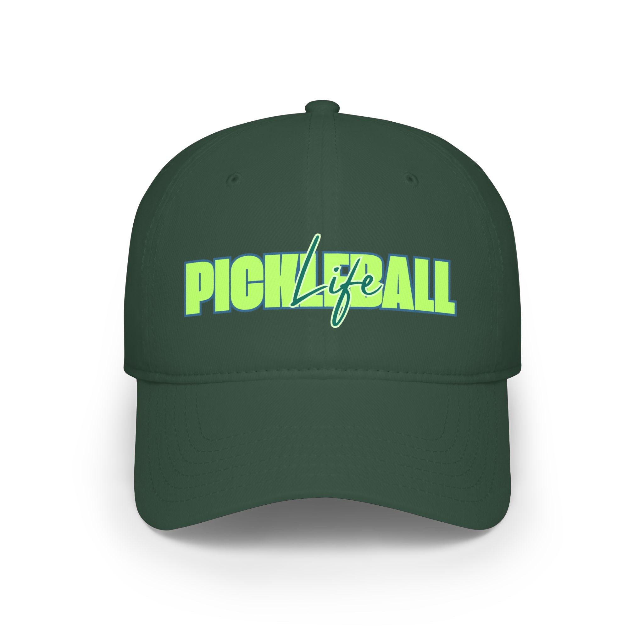 Green and blue script pickleball life baseball hat with a low profile design, casual style, and adjustable fit.