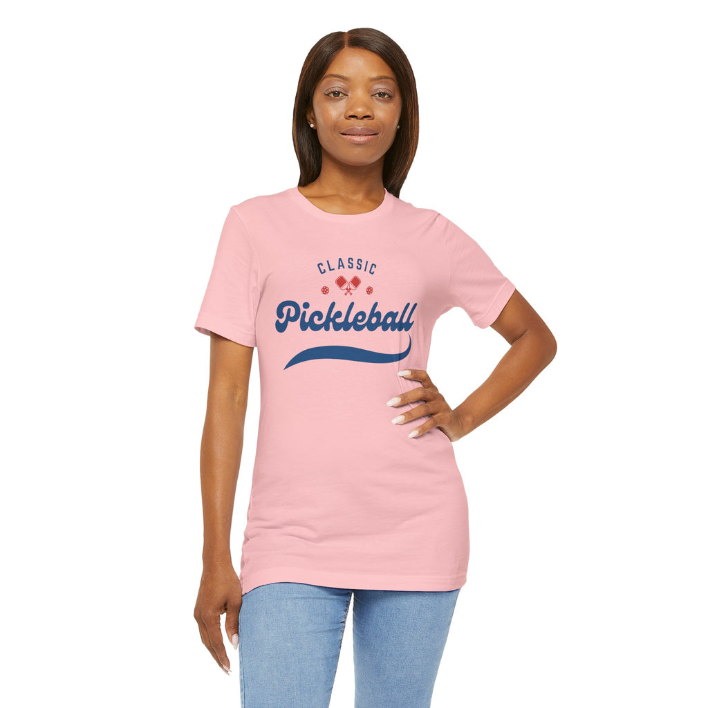 Red and blue pickleball T-shirt with paddle and ball script design, featuring the Classic Pickleball Script Tee by Printify.