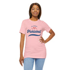 Red and blue pickleball T-shirt with paddle and ball script design, featuring the Classic Pickleball Script Tee by Printify.
