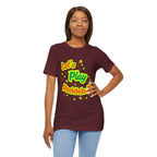 Neon orange and electric green Pickleball Rally T-Shirt with court graphic, casual athletic wear by Printify.