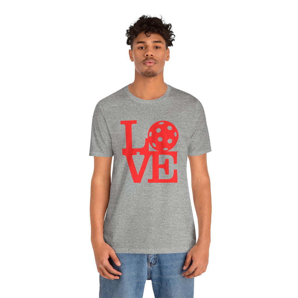 Red LOVE Pickleball graphic T-shirt by Printify featuring bold pop art design on a casual cotton tee.