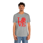 Red LOVE Pickleball graphic T-shirt by Printify featuring bold pop art design on a casual cotton tee.