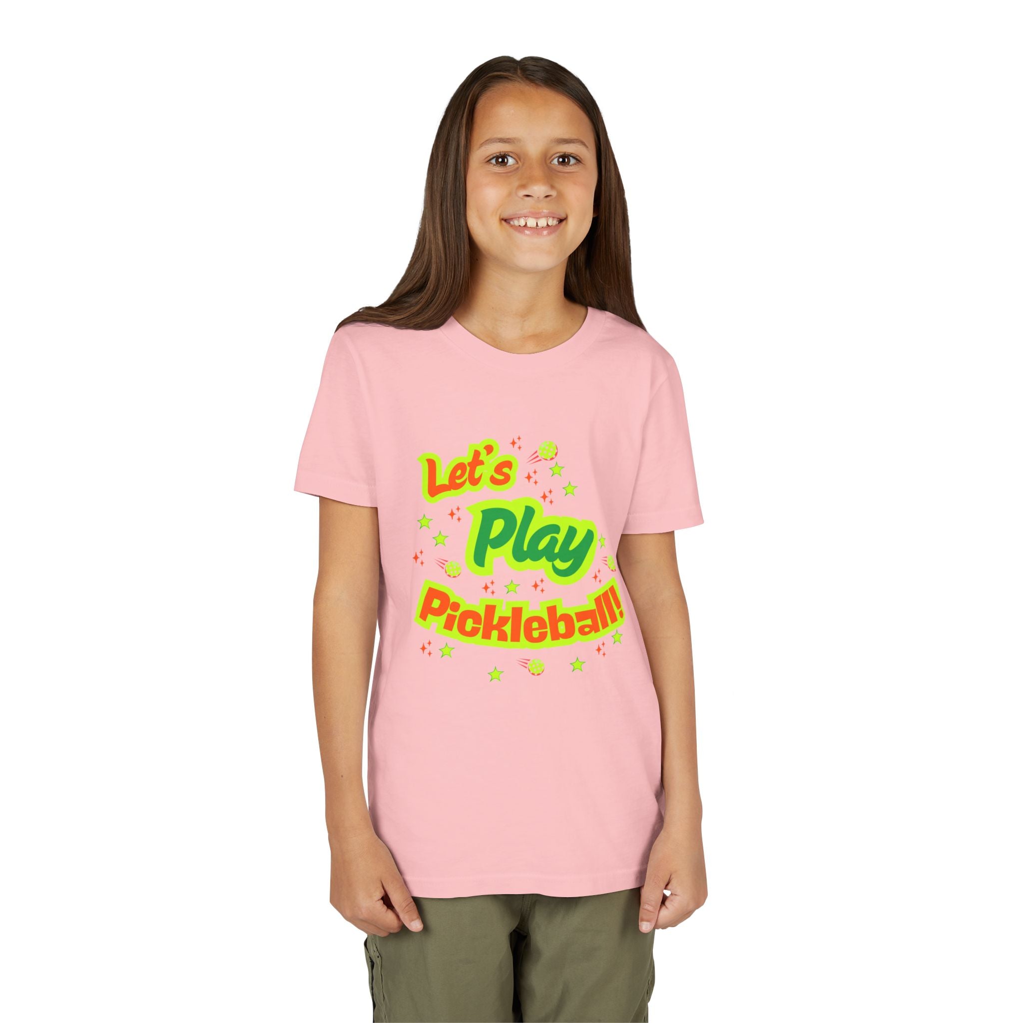 Youth neon pickleball graphic T-shirt from Printify, featuring colorful pickleball design on a kids' casual shirt.