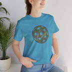 Pickleball Word Cloud T-Shirt with pickleball-shaped graphic, featuring words like dink, pickle, and kitchen in bold print.