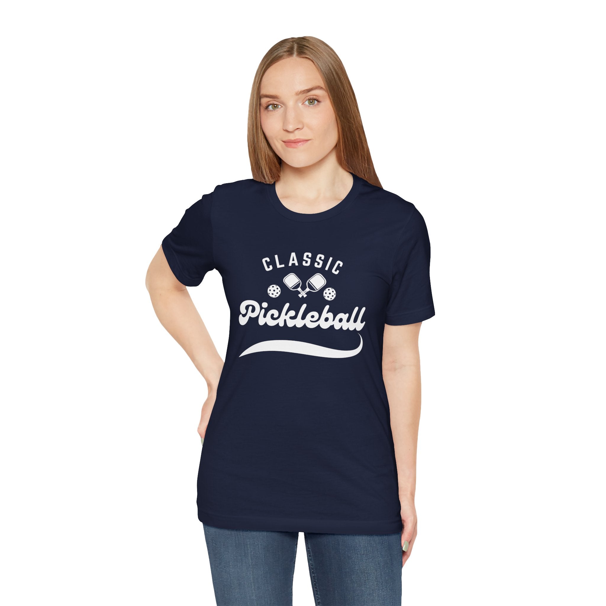 White pickleball T-shirt with "Pickleball" script design, classic fit, by Printify, featuring bold text on the front.