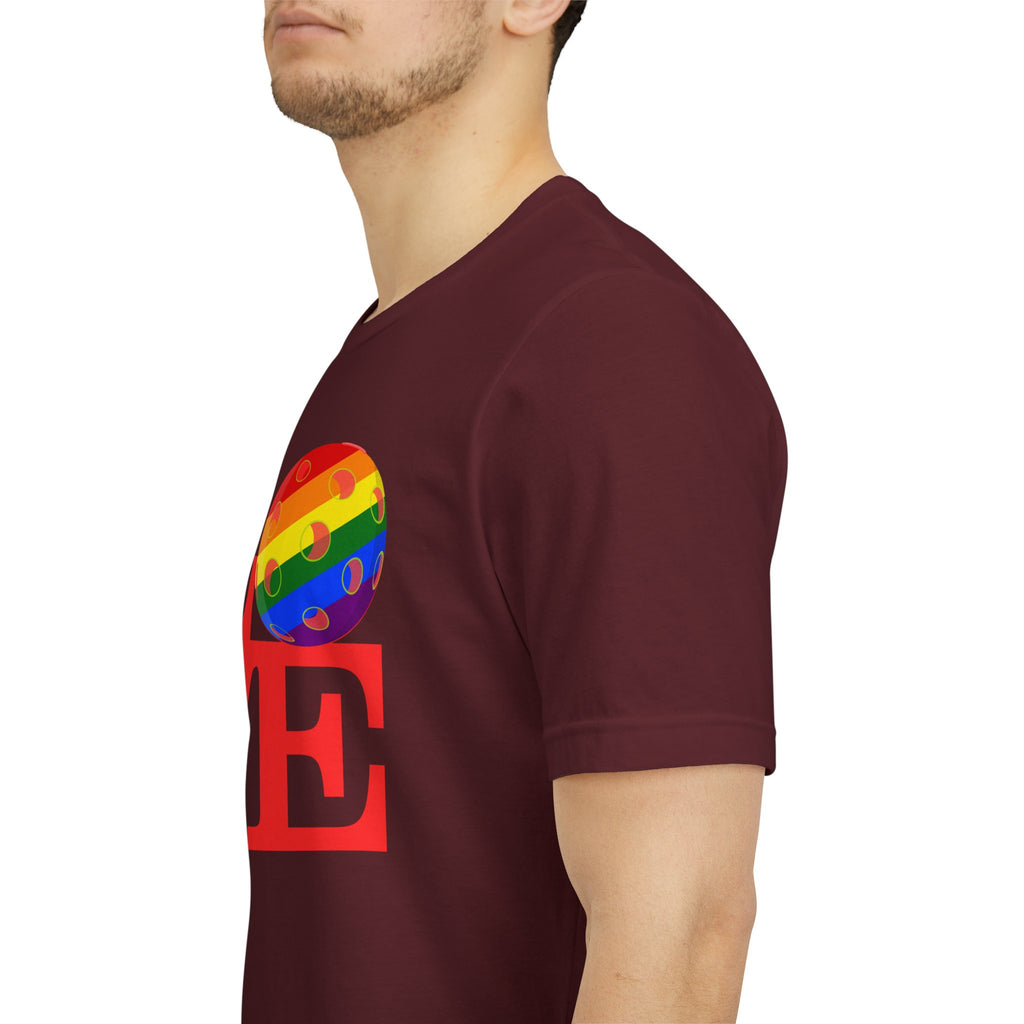 Rainbow LGBTQ2 Pride T-Shirt featuring the LOVE Pickleball logo, vibrant colors, and comfortable cotton fabric.