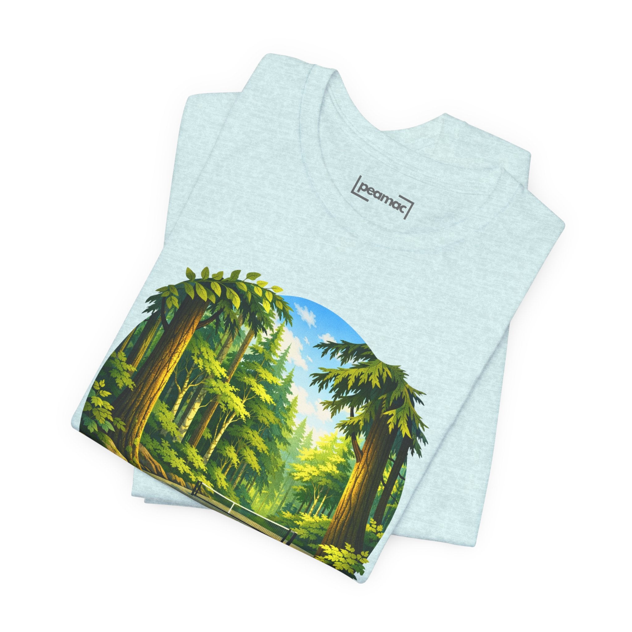 Unisex Hidden Forest Pickleball T-Shirt with Bainbridge Island tribute design, printed by Printify, featuring forest and pickleball graphics.