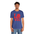 Red LOVE Pickleball graphic T-shirt by Printify featuring bold pop art design on casual cotton tee.