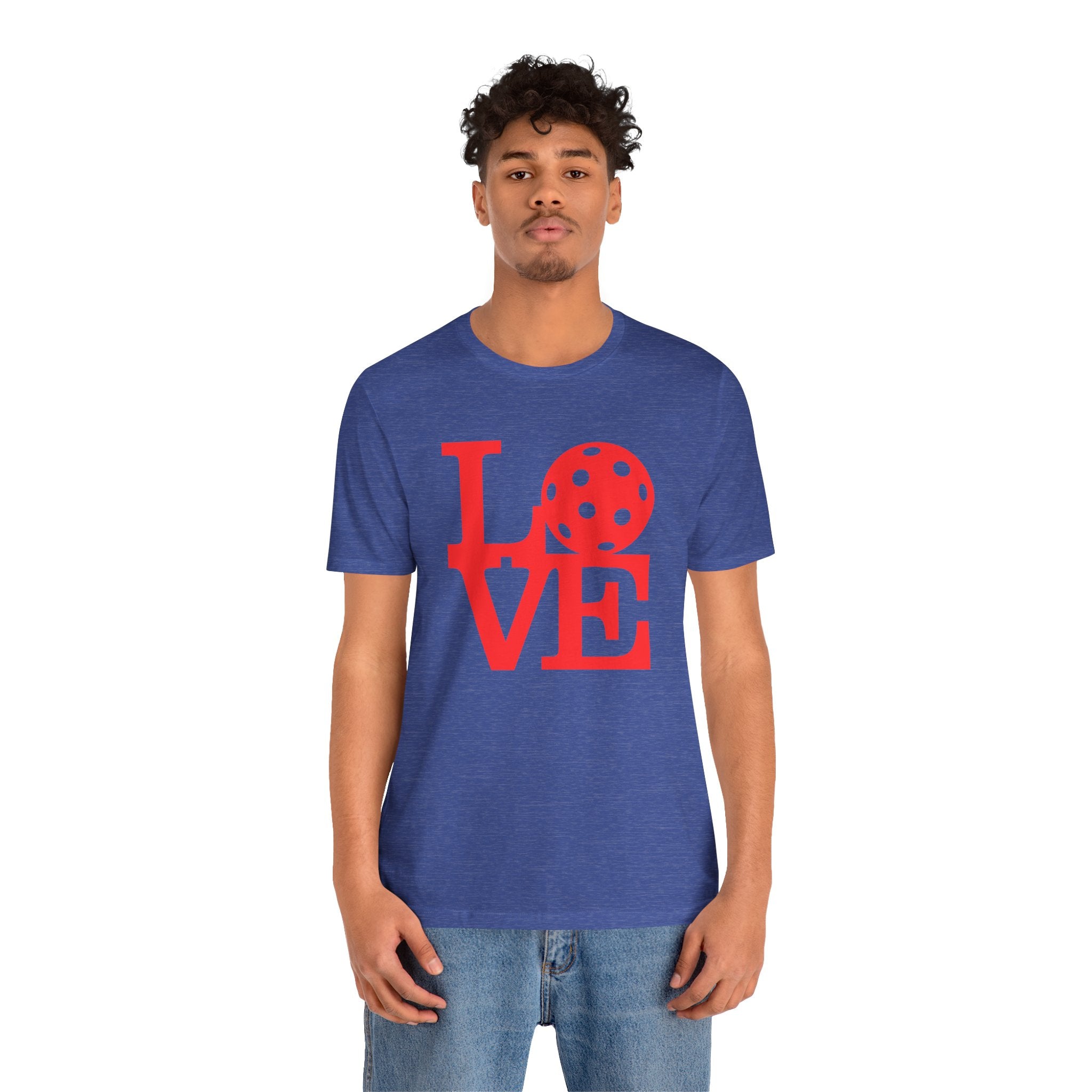 Red LOVE Pickleball graphic T-shirt by Printify featuring bold pop art design on casual cotton tee.
