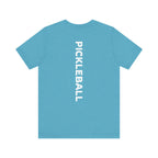 Men's Retro Pickleball Action T-Shirt with front silhouette and vertical 'PICKLEBALL' text on the back, by Printify.