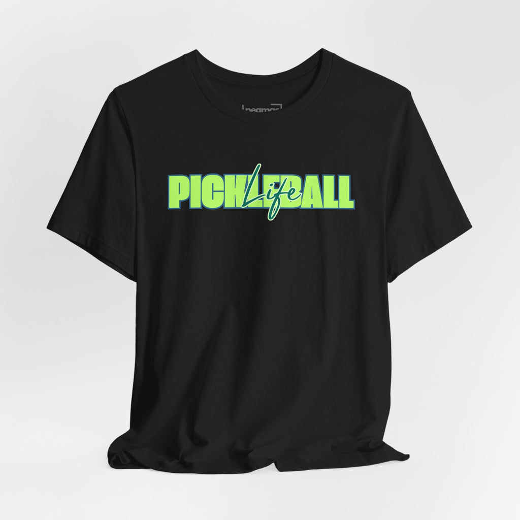 Unisex Pickleball Life T-Shirt with bold green and blue graphic design, casual fit, by Printify.