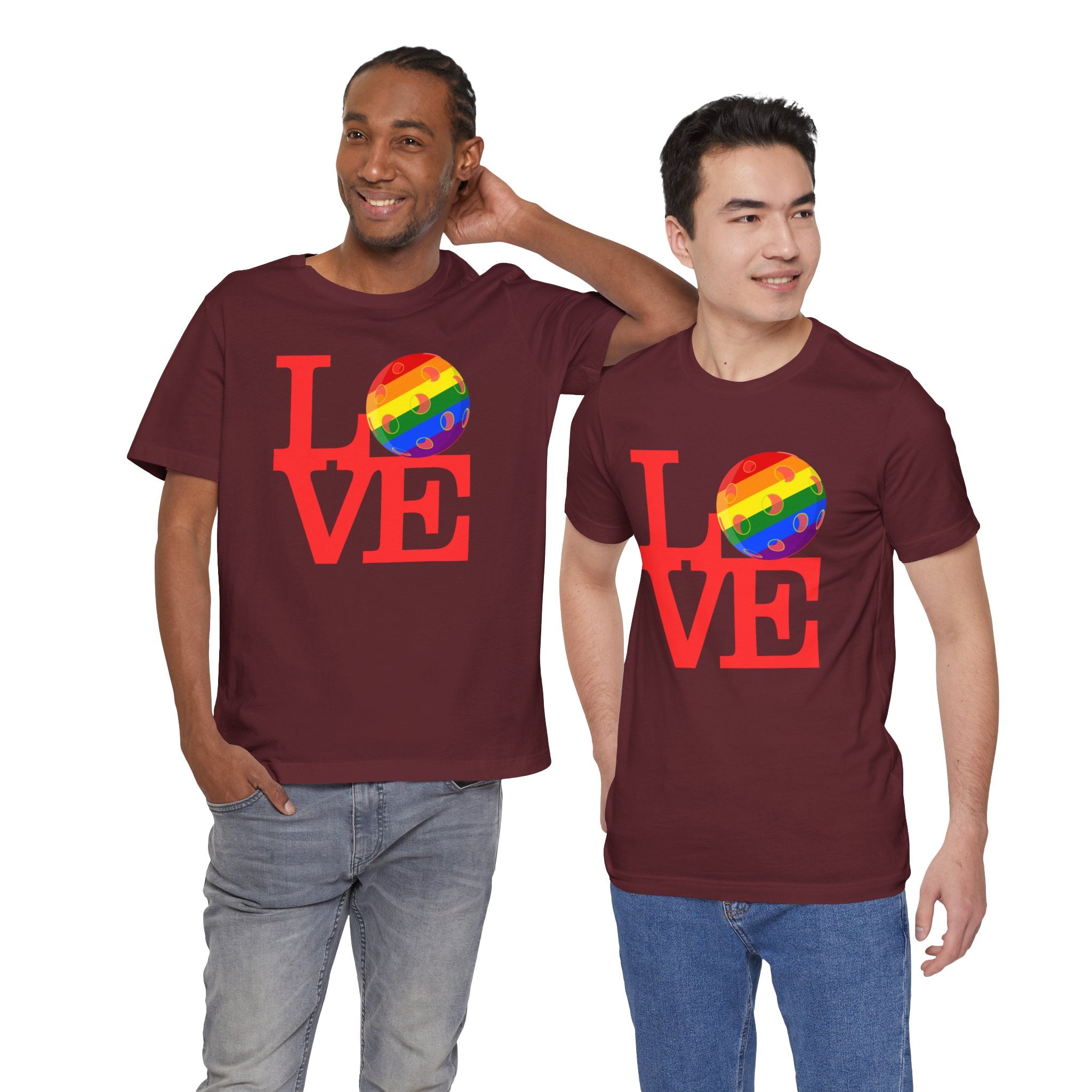 Rainbow LGBTQ2 Pride T-Shirt featuring the LOVE Pickleball logo in vibrant colors, casual unisex fit, Printify brand.