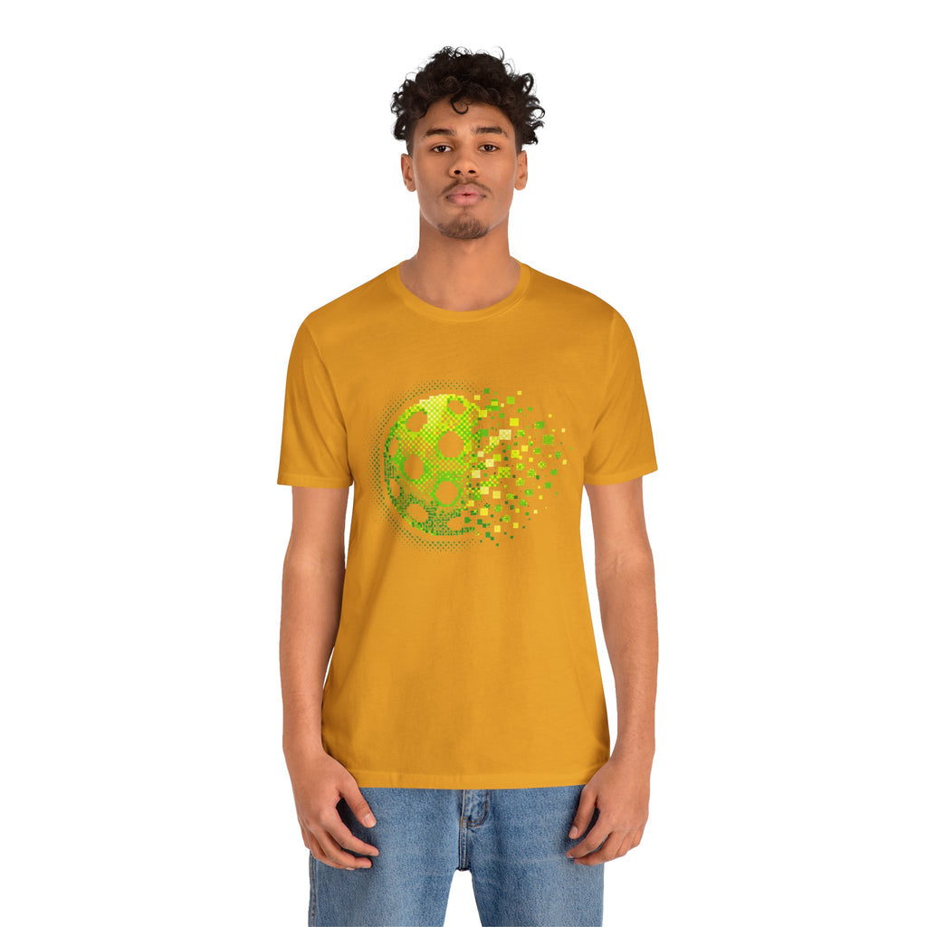 Green Pixelated Pickleball Tee featuring retro court graphic, casual T-shirt by Printify for pickleball enthusiasts.