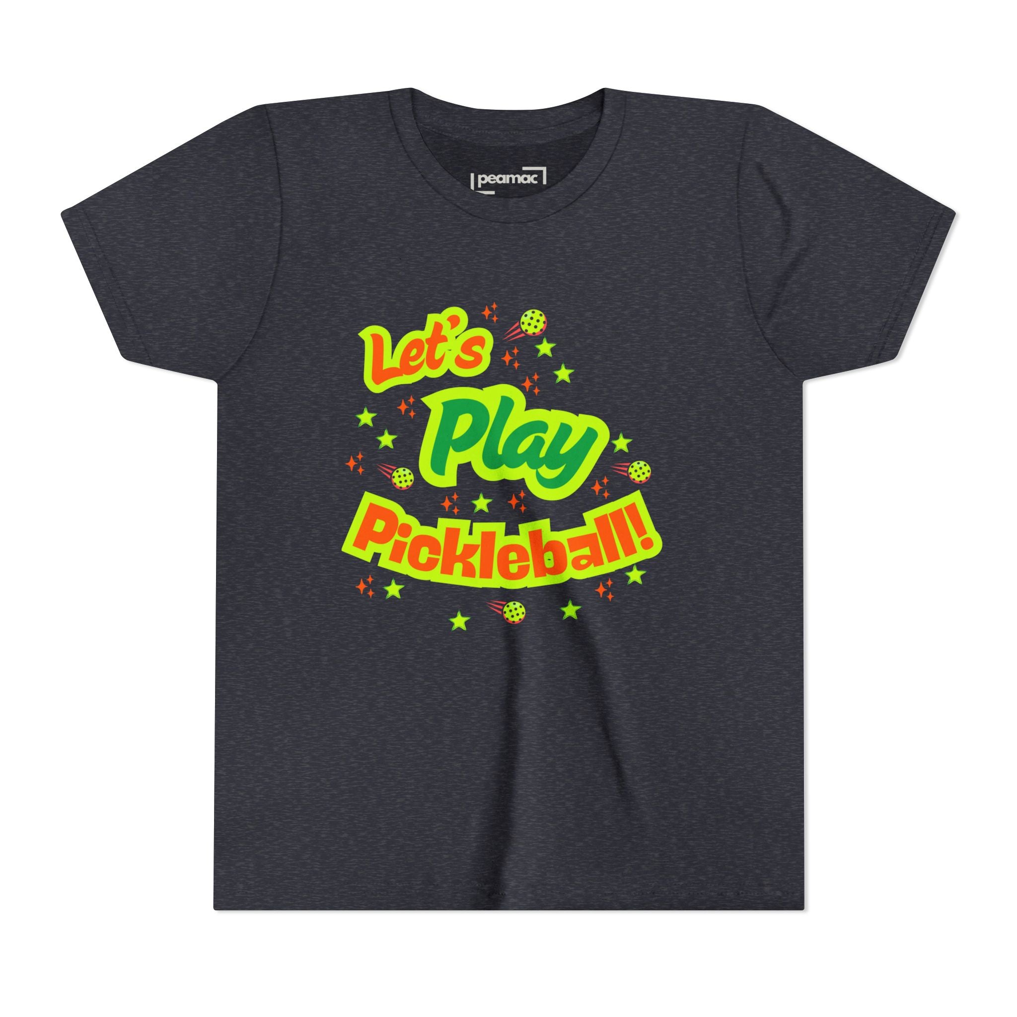 Bright neon pickleball graphic T-shirt for kids from Printify, featuring playful "Let’s Play Pickleball!" design for youth activewear.