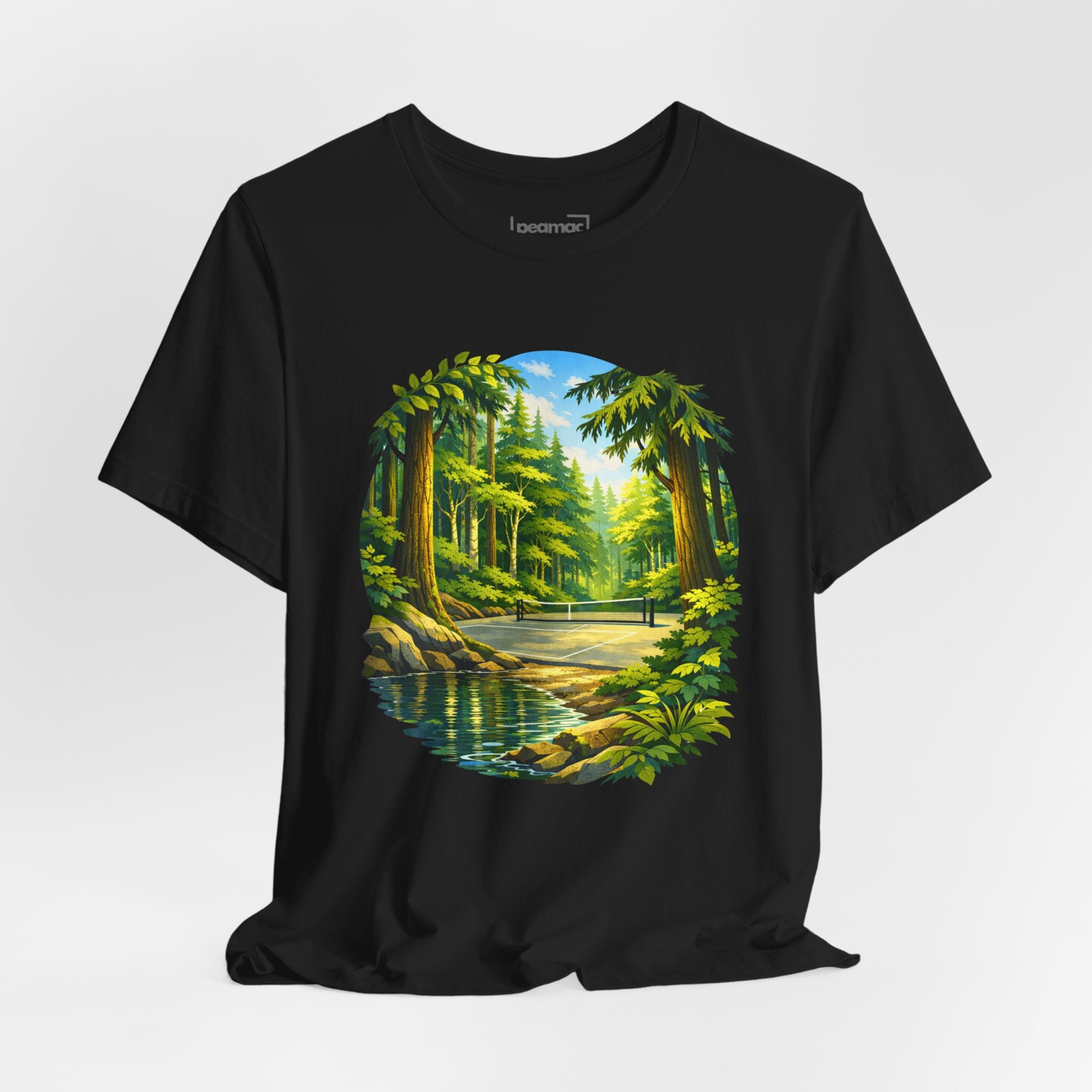 Unisex Hidden Forest Pickleball T-Shirt featuring a Bainbridge Island tribute design, made by Printify with a forest-themed graphic.