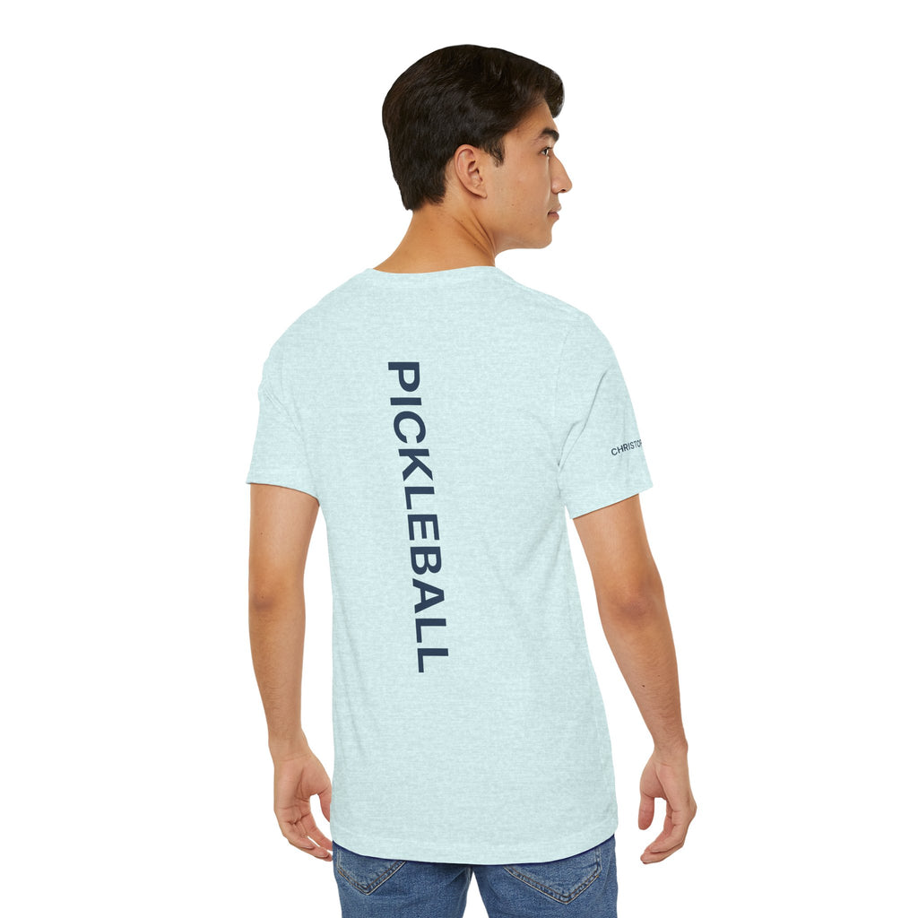 Personalized Pickleball T-shirt by Printify with custom name sleeve and club logo on the front, featuring pickleball design on the back.