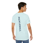 Personalized Pickleball T-shirt by Printify with custom name sleeve and club logo on the front, featuring pickleball design on the back.