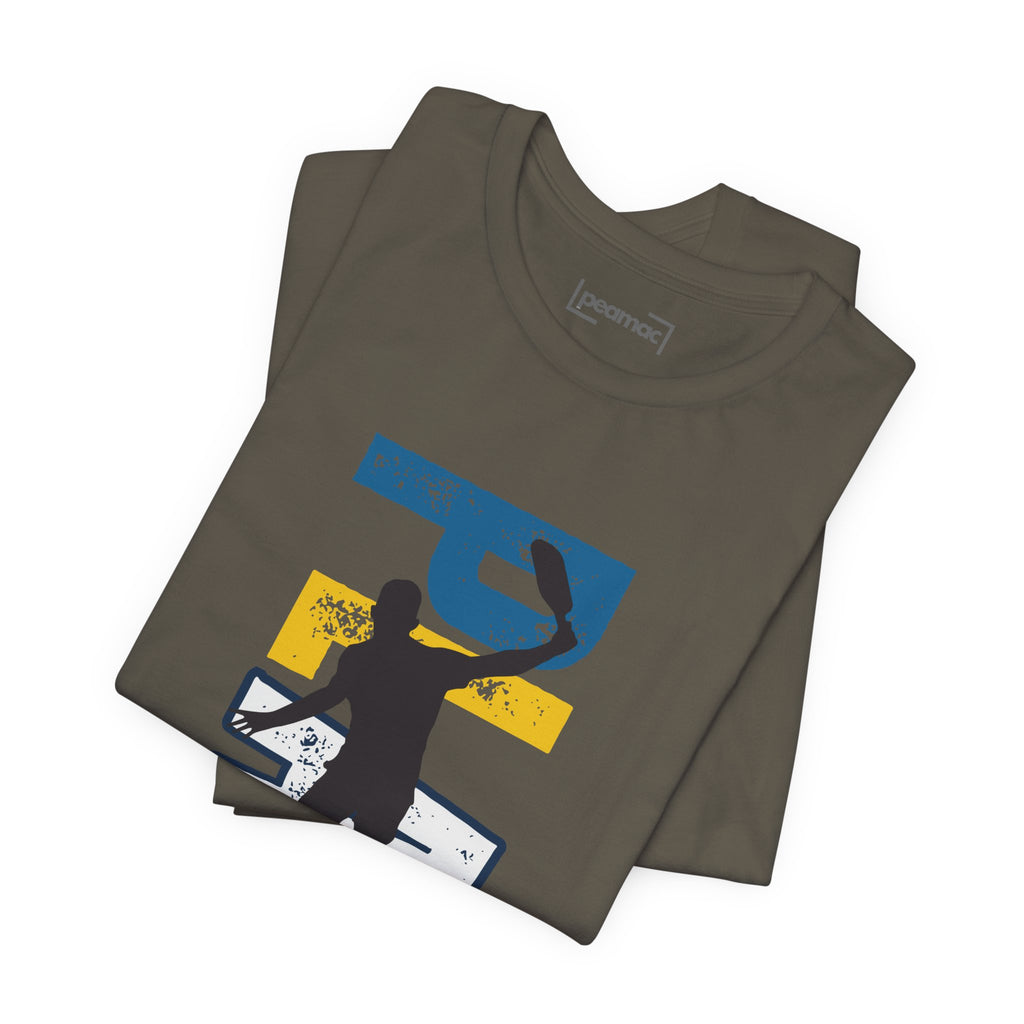 Men's Retro Pickleball Action T-Shirt with dynamic front silhouette and vertical "PICKLEBALL" text on back, by Printify.