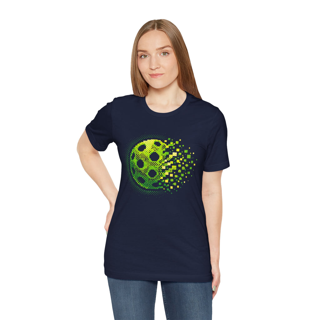 Green Pixelated Pickleball Tee with retro court graphic, casual printify T-shirt for pickleball players and sports enthusiasts.