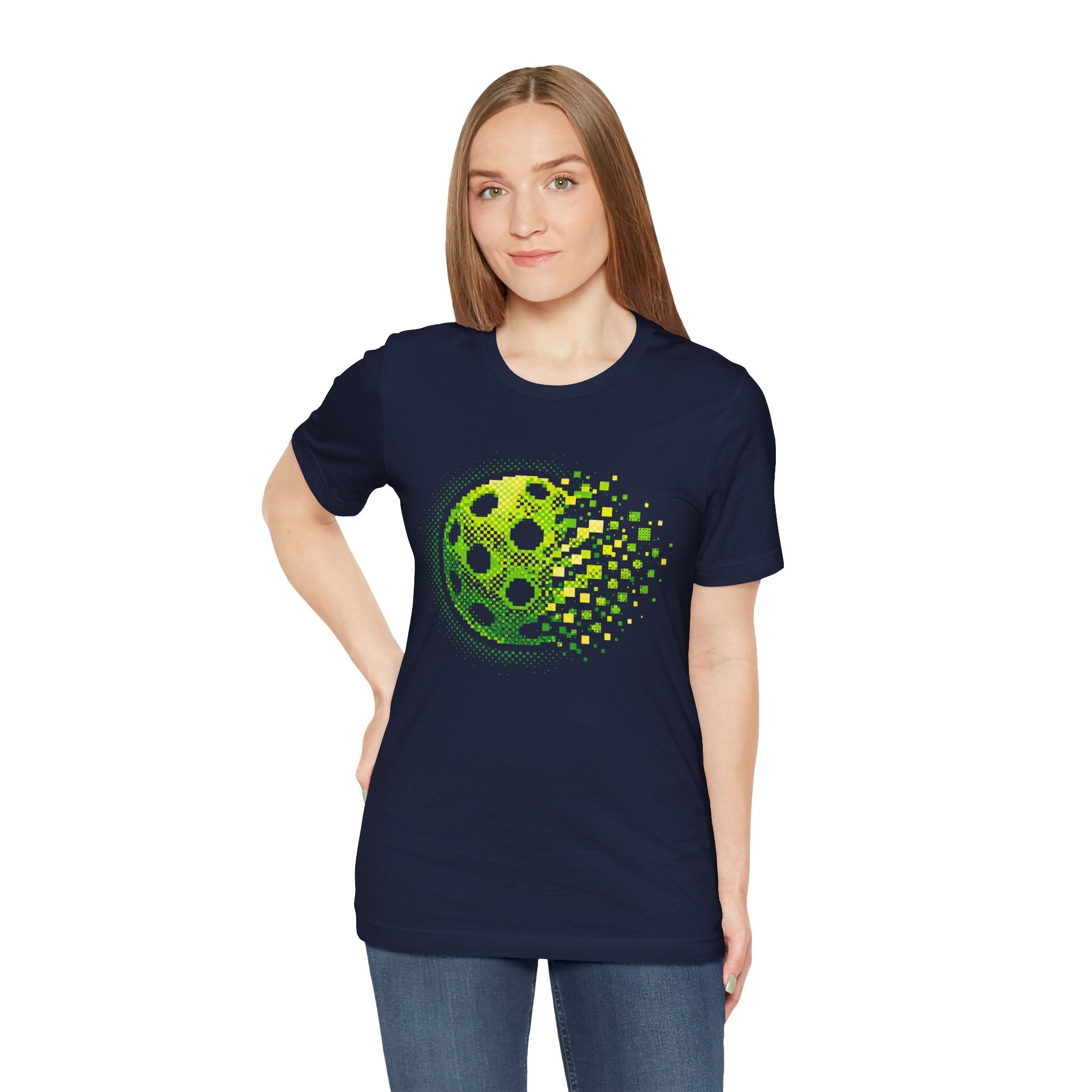 Green Pixelated Pickleball Tee with retro court graphic, casual printify T-shirt for pickleball players and sports enthusiasts.
