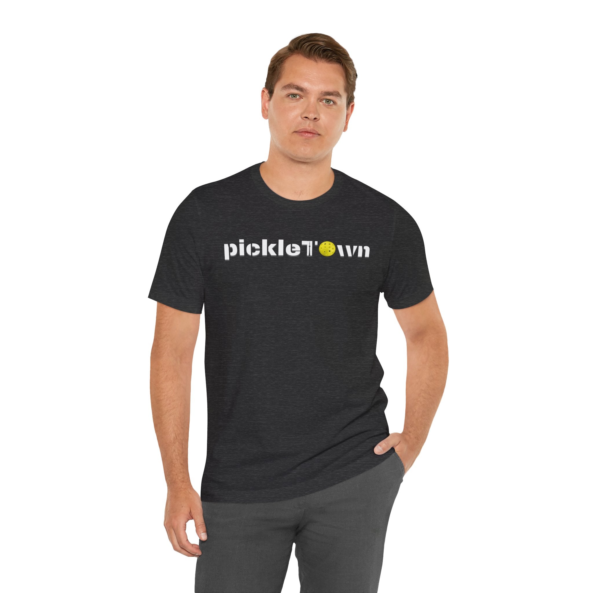 Toronto PickleTOwn T-Shirt featuring the CN Tower and pickleball design, casual cotton tee by Printify.