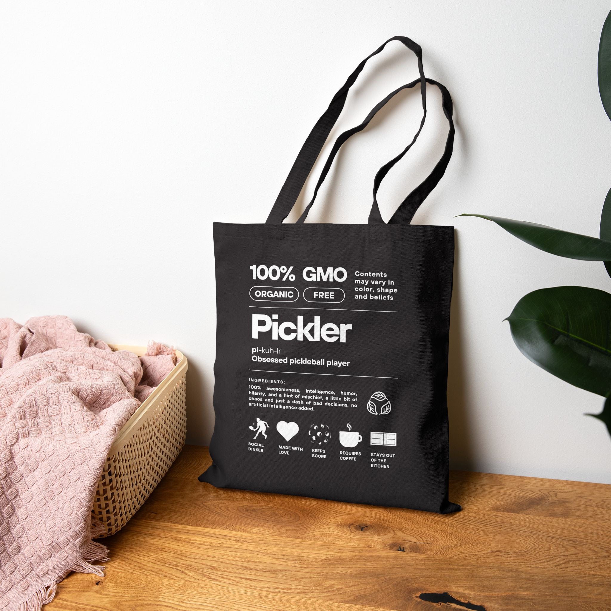 The Pickler Tote Bag | MALE Figure | Black or natural | Funny "100% GMO-Free" Cotton Canvas Reusable Bag | Obsessed Pickleball Player Gift