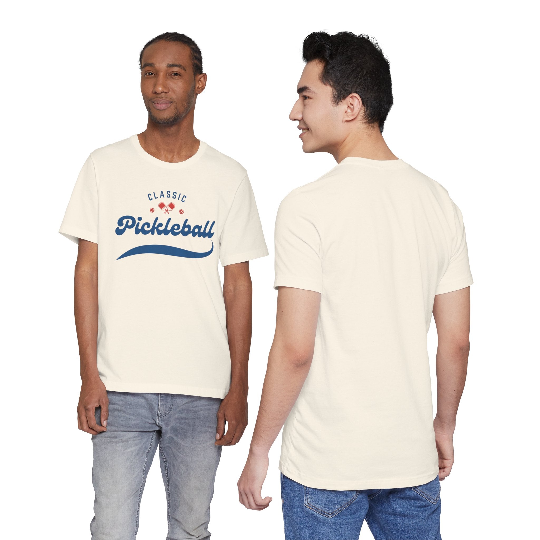 Red and blue pickleball T-shirt featuring paddle and ball graphic, classic script design, made by Printify.