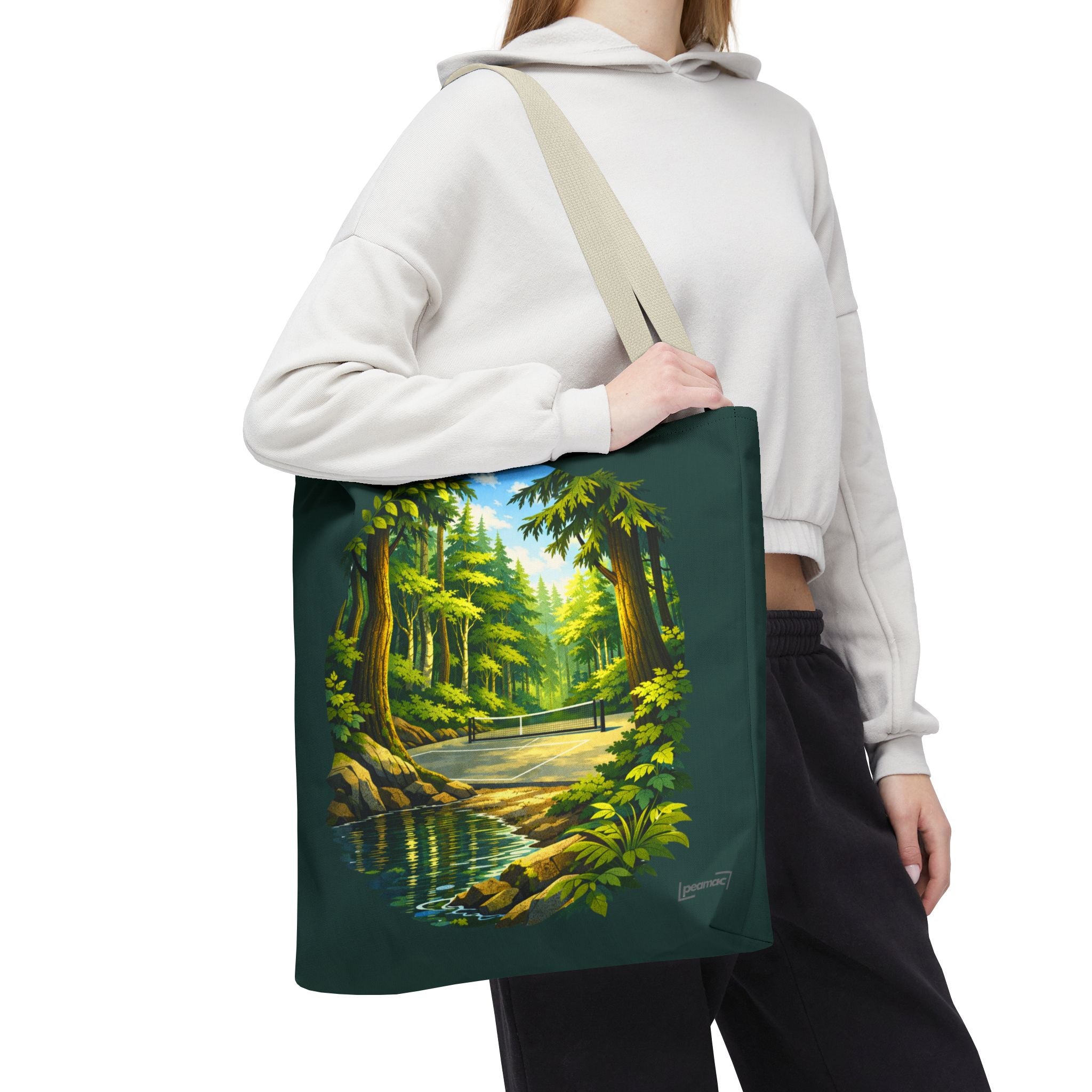 Large Bainbridge Island inspired pickleball tote bag by Printify featuring a Pacific Northwest forest court design.