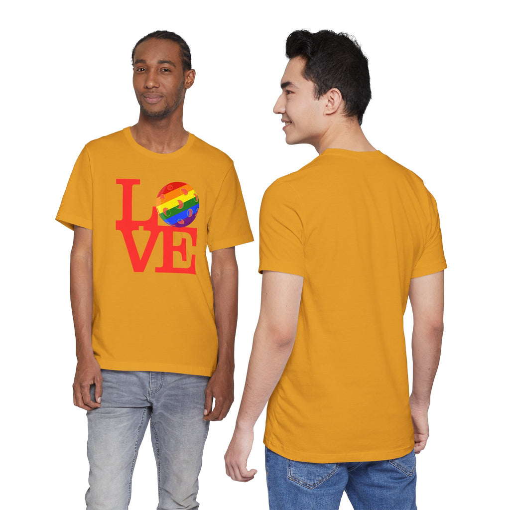 Love Pickleball Pride T-shirt featuring rainbow LGBTQ2 flag design, casual unisex cotton tee for Pride celebrations.