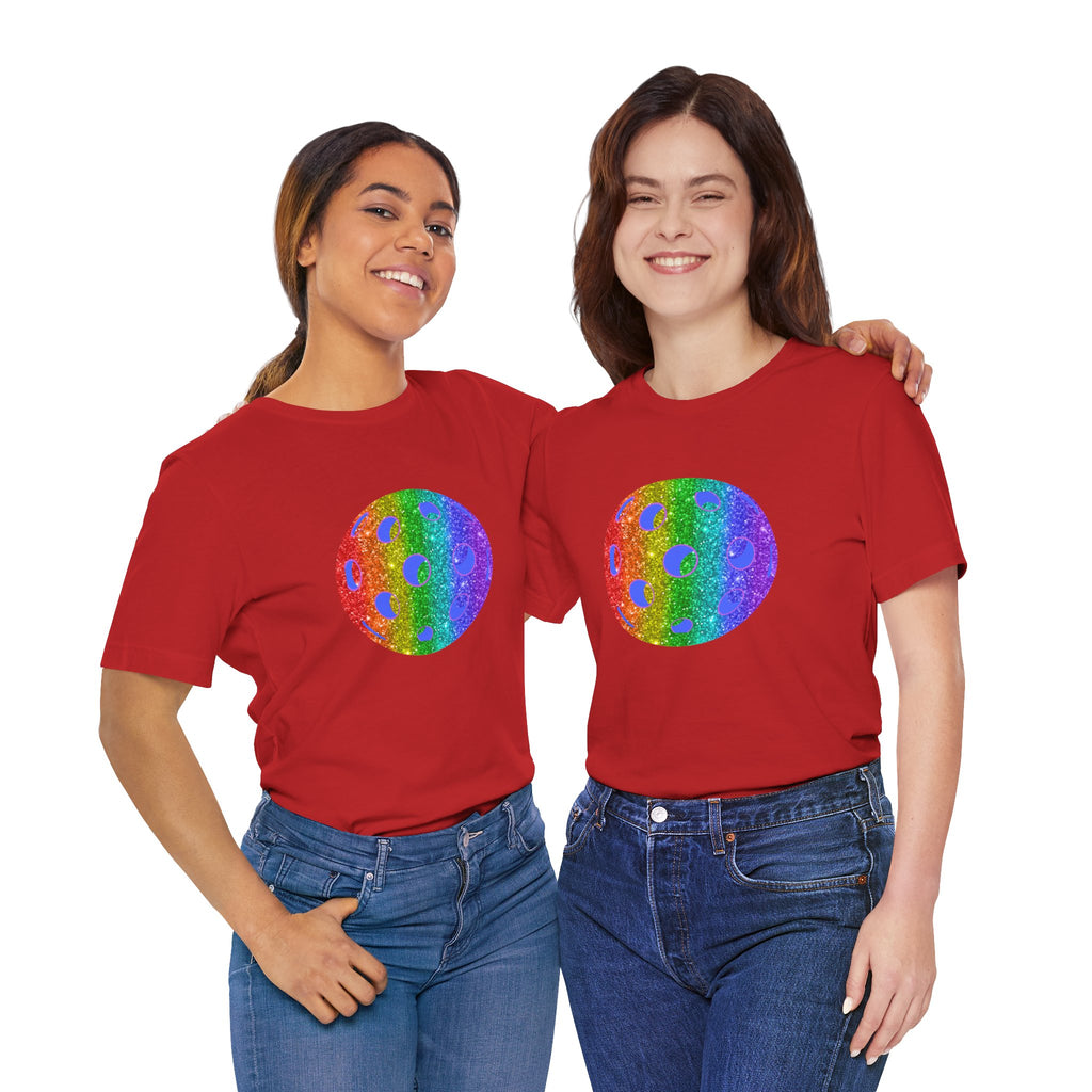 Rainbow glitter pickleball pride T-shirt from Printify featuring a colorful, sparkly design celebrating LGBTQ+ pride.