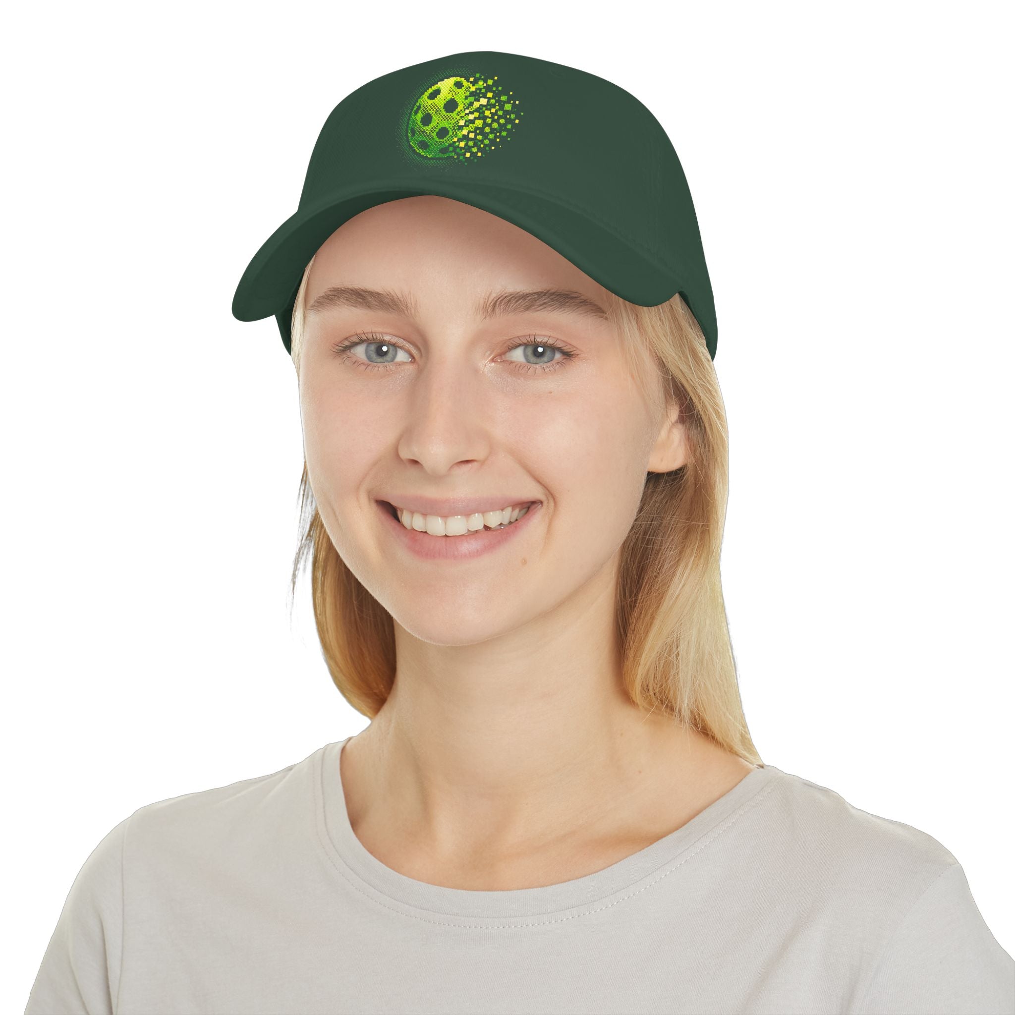 Neon green low-profile cotton baseball hat with "Matrix Burst Pickleball Cap" embroidery, designed by Printify.