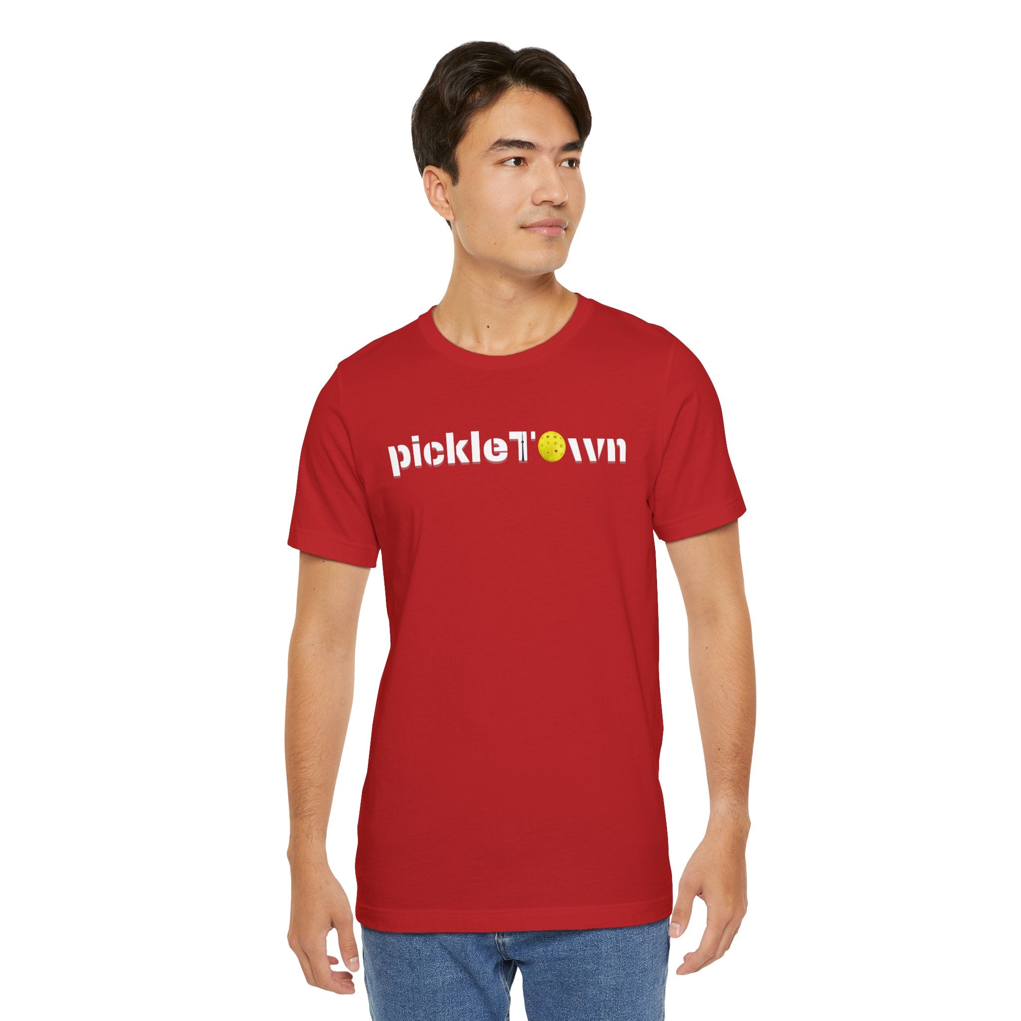 Toronto PickleTOwn T-Shirt featuring CN Tower and pickleball 'O' design, casual apparel by Printify.